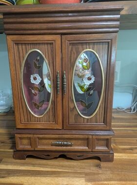 Vintage Armoire Wooden Jewelry Box. Flower Glass Doors. Mid Century Modern